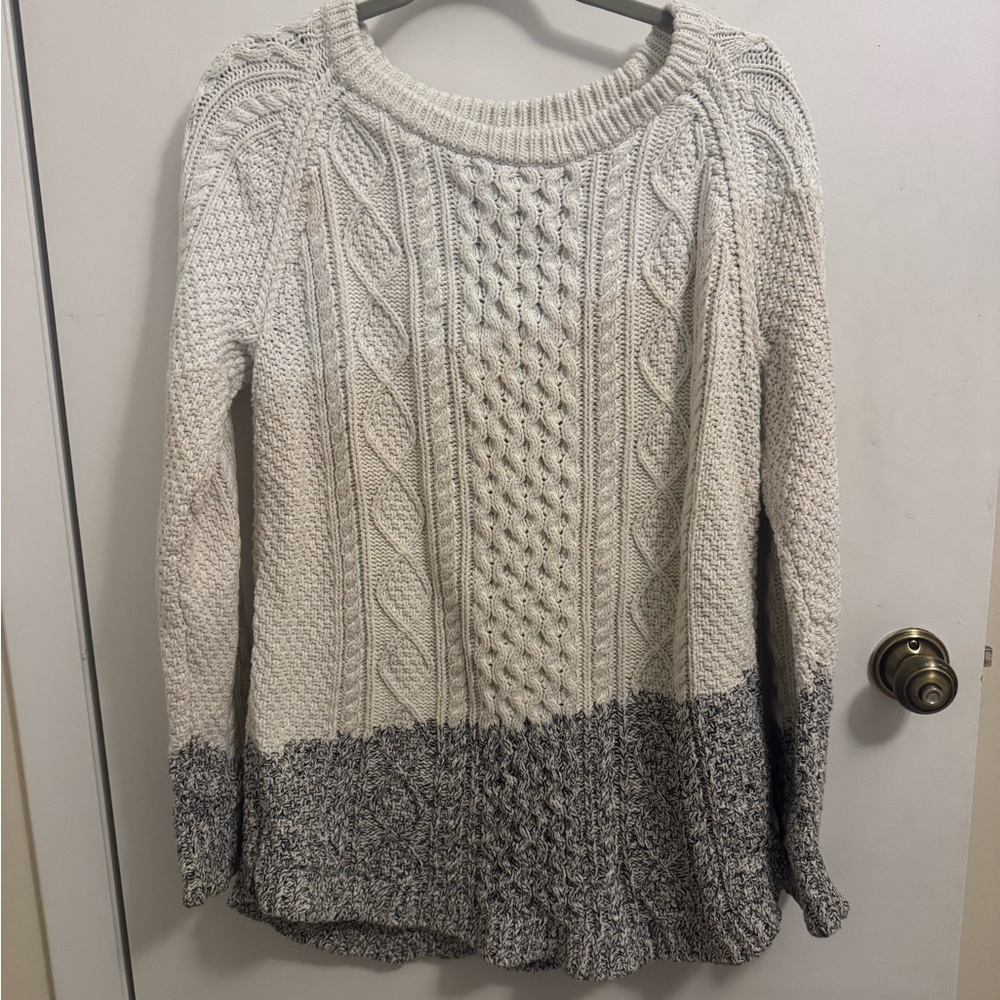 L.L. Bean Two-Tone Cable Crewneck Sweater in Ivory and Gray